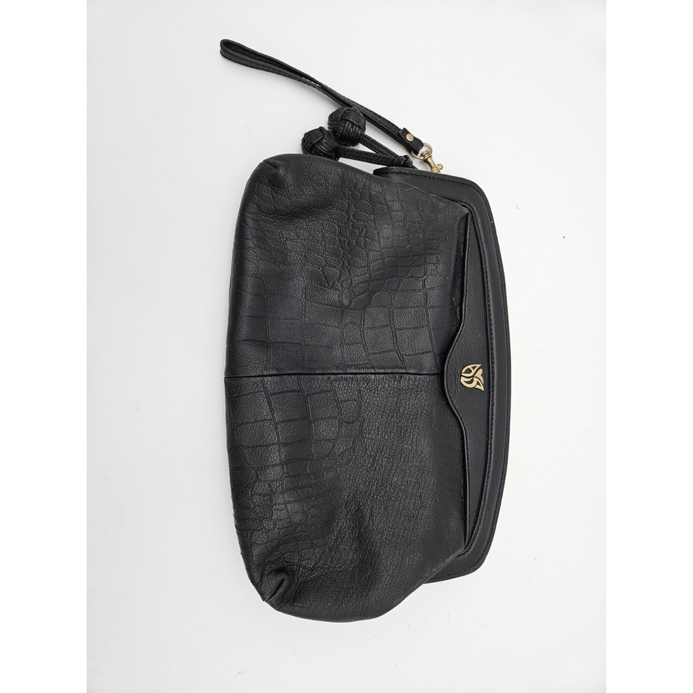 Allison Scott Stone Mountain Black Leather Clutch Floral Lining Reptile Magnetic